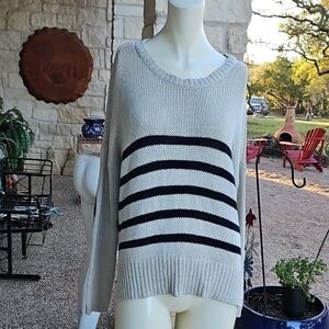 Alya Tan And Black Striped Knit Slouch Sweater Long Sleeves Elbow Patches M